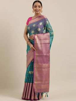 Mimosa - Banarasi Style Art Silk Saree Teal Green With Unstitched Blouse