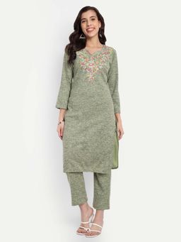 Fnocks - Elegant Green Embroidery Kurta and Pant for Women