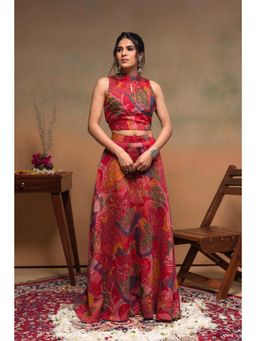 Juniper - Women's Red Ethnic Motifs Top and Skirt