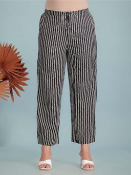 ARAMYA - Black Soft Cotton Striped Pant for Women
