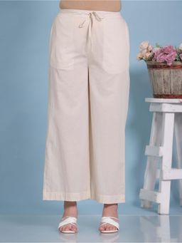 ARAMYA - Cream Soft Cotton Solid Palazzo for Women