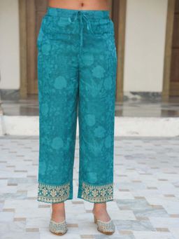 ARAMYA - Turquoise Blue Organza Floral Palazzo for Women
