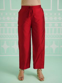ARAMYA - Red Poly Chanderi Solid Pant for Women