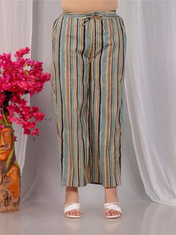 ARAMYA - Blue Soft Cotton Striped Pant for Women