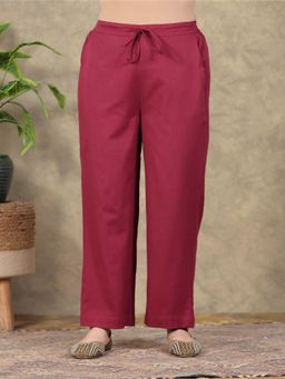 ARAMYA - Rust Linen Cotton Solid Pant for Women