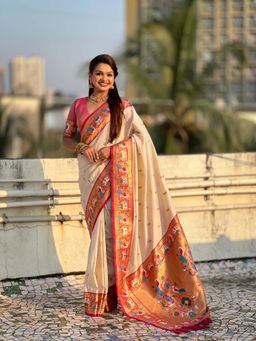 ELITE WEAVES - Cream Soft Silk Swan Rajhans Paithani Saree with Unstitched Blouse