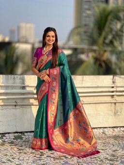 ELITE WEAVES - Green Soft Silk Swan Rajhans Paithani Saree with Unstitched Blouse