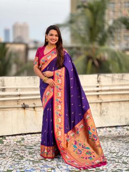 ELITE WEAVES - Purple Soft Silk Swan Rajhans Paithani Saree with Unstitched Blouse