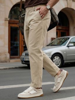 Nobero - Men's Beige Stretch 4-Way Stretch Tapered Fit Chinos