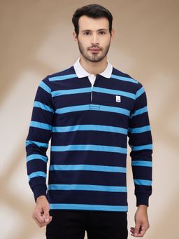 ColorPlus - Regular Fit Striped Blue Polo T-Shirt