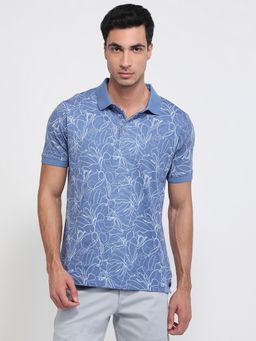 ColorPlus - Regular Fit Printed Medium Blue Polo T-Shirt