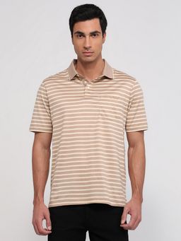 ColorPlus - Comfort Fit Striped Medium Brown Polo T-Shirt