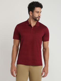 ColorPlus - Regular Fit Woven Design Dark Maroon Polo T-Shirt