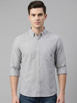 Odette - White & Grey Cotton Linen Stripes Shirt