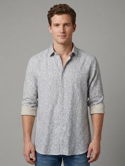 Odette - Light Blue Cotton Linen Printed Shirt