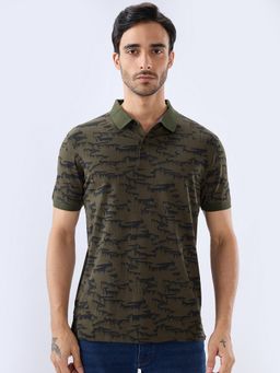 Parx - Regular Printed Dark Green Polo T-Shirt