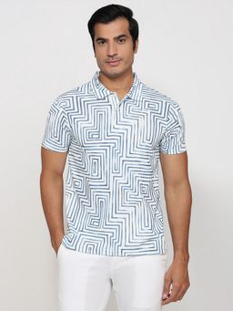 Parx - Medium Blue Pure Cotton Printed Polo T-Shirt