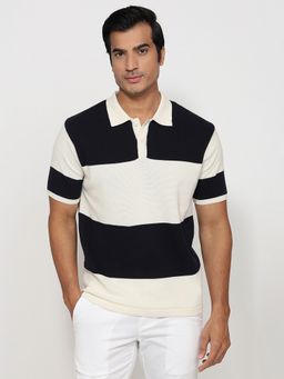 Parx - Blue Pure Cotton Colorblock Polo T-Shirt