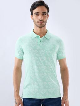 Parx - Medium Green Cotton Blend Printed Polo T-Shirt
