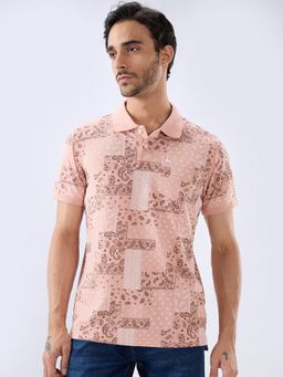 Parx - Peach Cotton Blend Paisley Polo T-Shirt