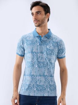 Parx - Blue Pure Cotton Printed Polo T-Shirt
