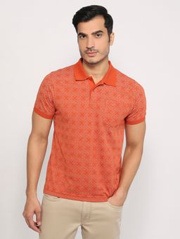 Parx - Dark Orange Cotton Blend Printed Polo T-Shirt