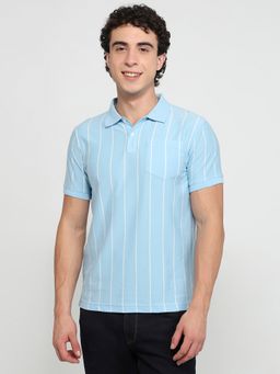 Parx - Blue Cotton Blend Stripes Polo T-Shirt