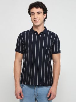 Parx - Navy Blue Cotton Blend Stripes Polo T-Shirt