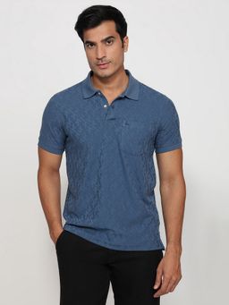Parx - Blue Cotton Blend Textured Polo T-Shirt
