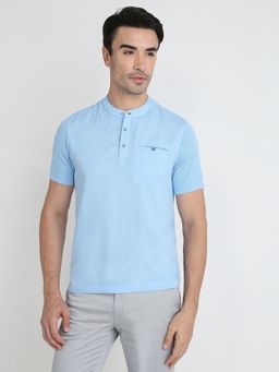 Parx - Blue Cotton Linen Solid T-Shirt