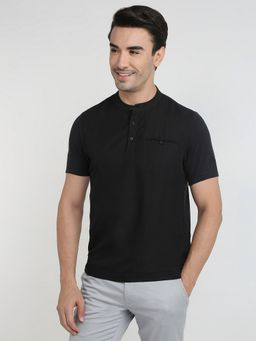 Parx - Black Cotton Linen Solid T-Shirt