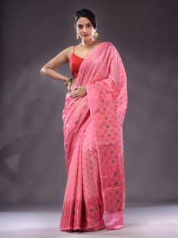 CHARUKRITI - Pink Handwoven Banarasi Silk Saree With Unstitched Blouse
