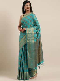 Mimosa - Kanchipuram Style Art Silk Saree Blue With Unstitched Blouse