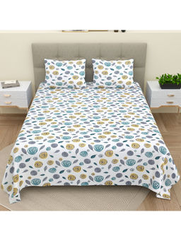 Bella Casa - Double Bedsheet Set 100 % Cotton King Size with 2 Pillow Covers Printed Blue Colour