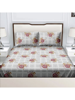 Bella Casa - Double Bedsheet with 2 Pillow Covers 100% Cotton Floral Design Grey Colour (Queen)