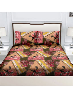Bella Casa - Double Bedsheet with 2 Pillow Covers 100% Cotton Geometric Design Red Color (Queen)