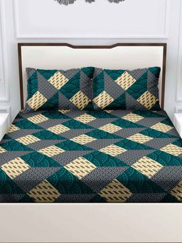 Bella Casa - Double Bedsheet with 2 Pillow Covers 100% Cotton Block Design Green Colour (Queen)
