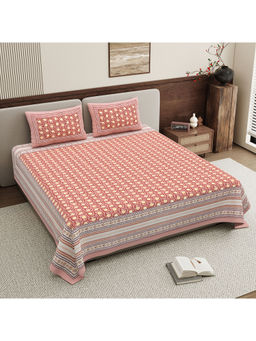 Bella Casa - Super King Size Double Bedsheet with 2 Pillow Covers Pure Cotton Red & Yellow Colour