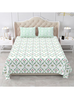 Bella Casa - Floral Cotton Double King Design Green & White Color-Snow Petals Collection