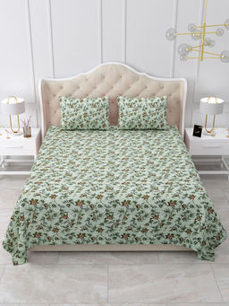 Bella Casa - Double Bedsheet Cotton King Size with 2 Pillow Covers Floral Design Green Colour