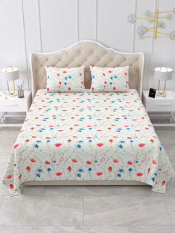 Bella Casa - Double Bedsheet Set Cotton King Size with 2 Pillow Covers Floral Design Multi Colour