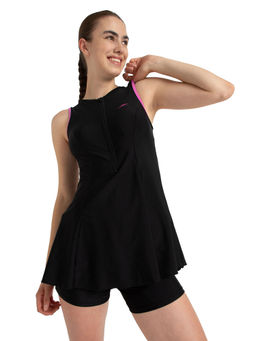 Speedo - Women's Endurance10 Closedback Swimdress With Boyleg - Black & Neon Violet