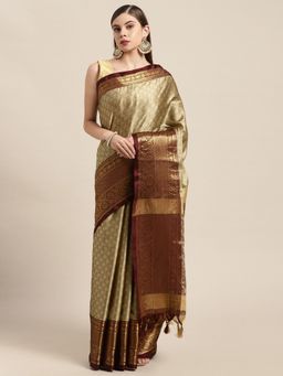 Vastranand - Beige-Coloured & Brown Woven Design Zari Silk Blend Banarasi Saree with Unstitched Blouse