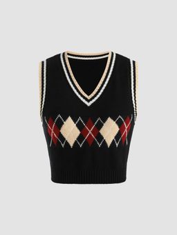 Cider - Knit Argyle Plaid Crop Vest