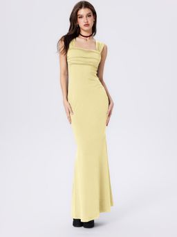 Cider - Solid Ruched U-neckline Ruffle Maxi Dress