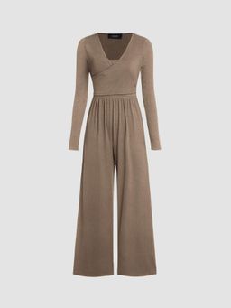 Cider - Solid V-neck Wide Leg Jumpsuit