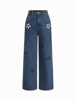 Cider - Denim Mid Waist Floral Pocket Wide Leg Jeans