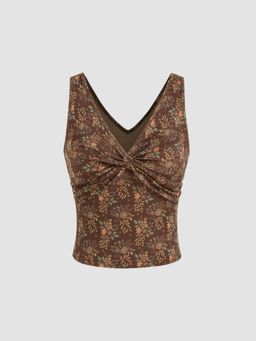 Cider - Jersey V-neck Floral Twist Crop Top