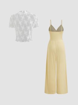 Cider - Lace See-through Top & V Neck Wide Leg Jumpsuit