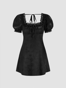 Cider - Lace Trim Floral Puff Sleeve Mini Dress